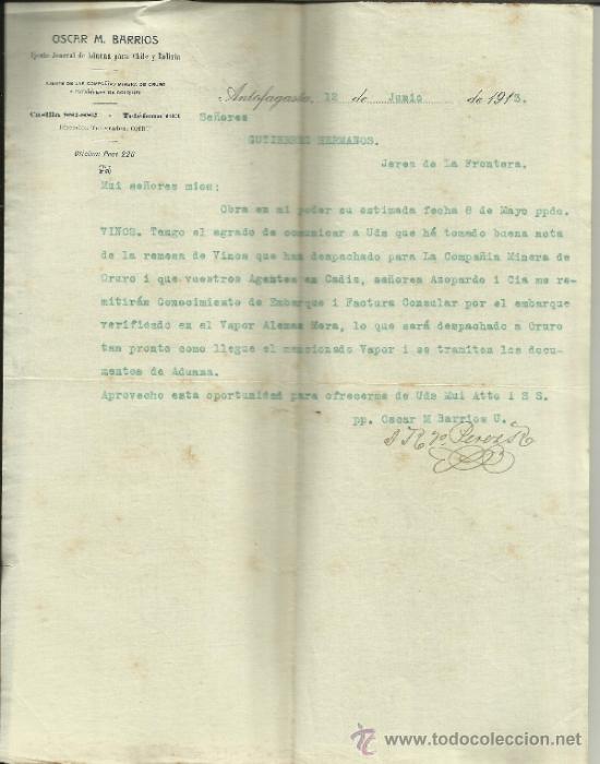 Commercial Letters: CARTA COMERCIAL DE OSCAR M. BARRIOS. AGENTE DE ADUANAS PARA CHILE Y BOLIVIA. ANTOFAGASTA.CHILE. 1913