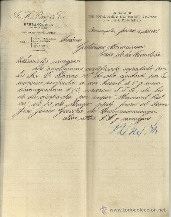 Commercial Letters: CARTA COMERCIAL DE A. H. BERG & Co. BARRANQUILLA. COLOMBIA. 1913