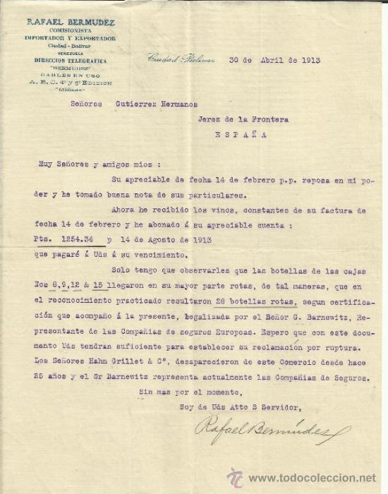 Commercial Letters: CARTA COMERCIAL DE RAFAEL BERMUDEZ. COMISIONISTAS. CIUDAD BOLIVAR. VENEZUELA. 1913