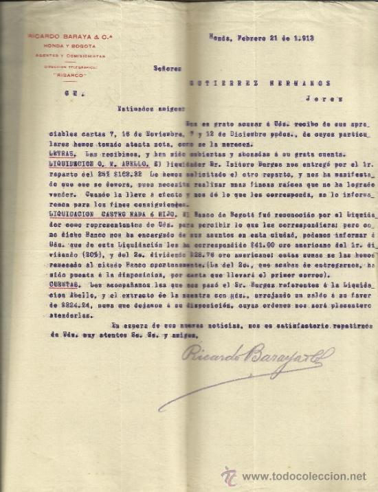 Commercial Letters: CARTA COMERCIAL DE RICARDO BARAYA & C&ordf;. AGENTES COMISIONISTAS. HONDA. COLOMBIA. 1913