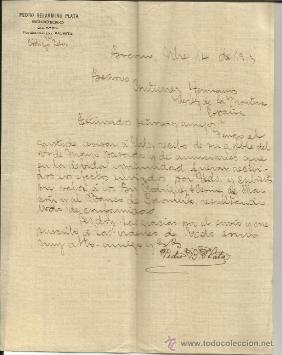 Commercial Letters: CARTA COMERCIAL DE PEDRO BELARMINO PLATA. SOCORRO. COLOMBIA. 1913