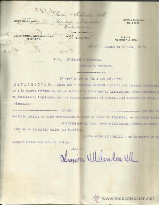 Commercial Letters: CARTA COMERCIAL DE SIM&Oacute;N MEL&Eacute;NDEZ Y M. &rdquo;EL LOUVRE&rdquo;. C&Uacute;CUTA. COLOMBIA. 1912