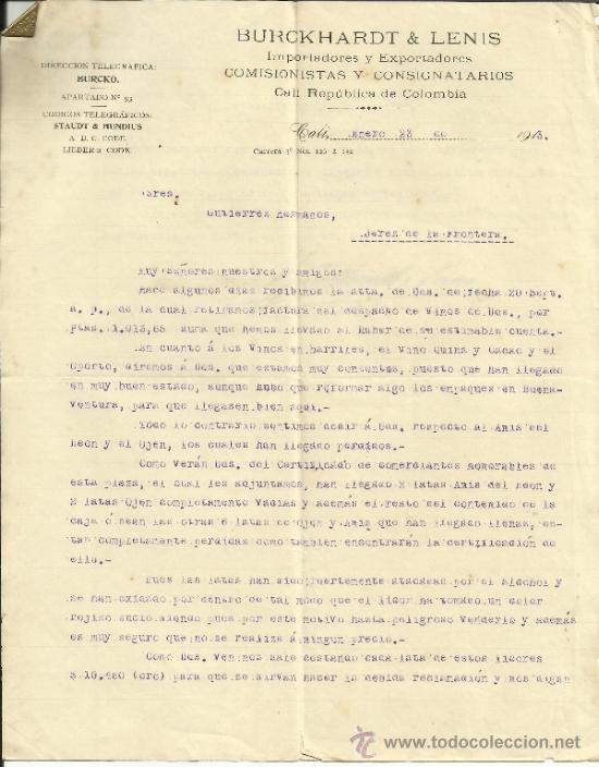 Commercial Letters: CARTA COMERCIAL DE BURCKHARDT & LENIS. IMPORTADORES Y EXPORTADORES. CALI. COLOMBIA. 1913 (2 HOJAS)