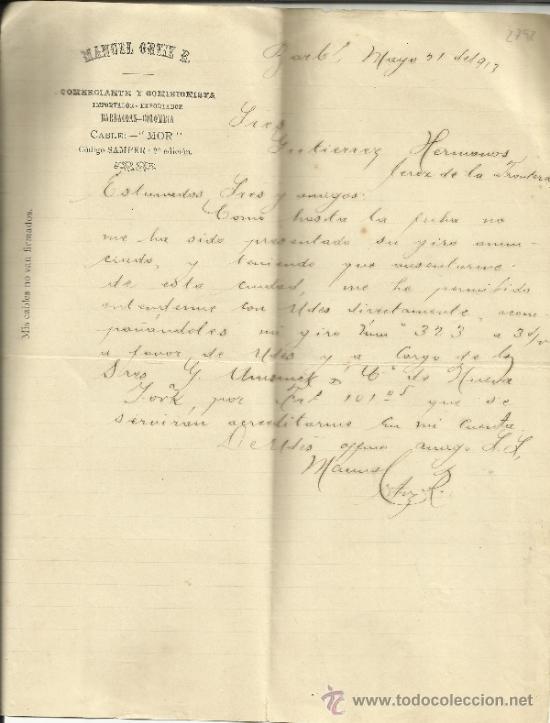 Commercial Letters: CARTA COMERCIAL DE MANUEL ORTIZ R. COMERCIANTE Y COMISIONISTA. BARBACOAS. COLOMBIA. 1913