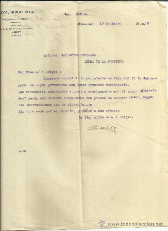 Commercial Letters: CARTA COMERCIAL DE OLIVA, RIBOLI & CO. MARACAIBO. VENEZUELA. 1913