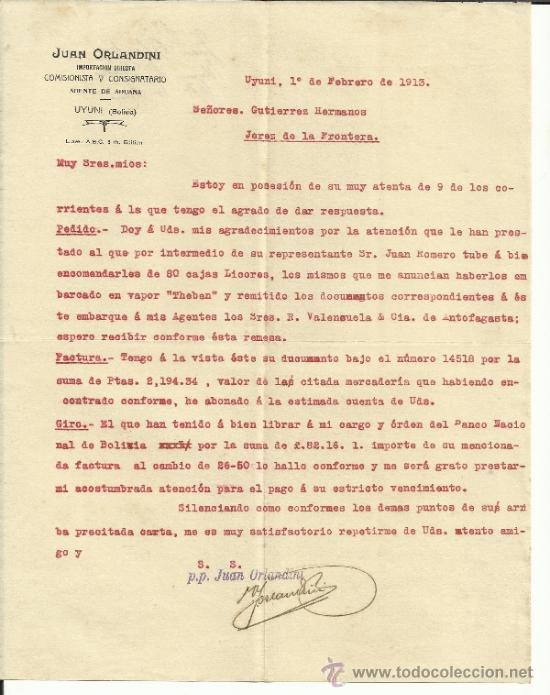 Commercial Letters: CARTA COMERCIAL DE JUAN ORLANDINI. IMPORTACI&Oacute;N DIRECTA. UYINI. BOLIVIA. 1913