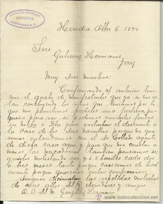 Commercial Letters: CARTA COMERCIAL DE GONZALO HERMANO. HEREDIA. COSTA RICA. 1894