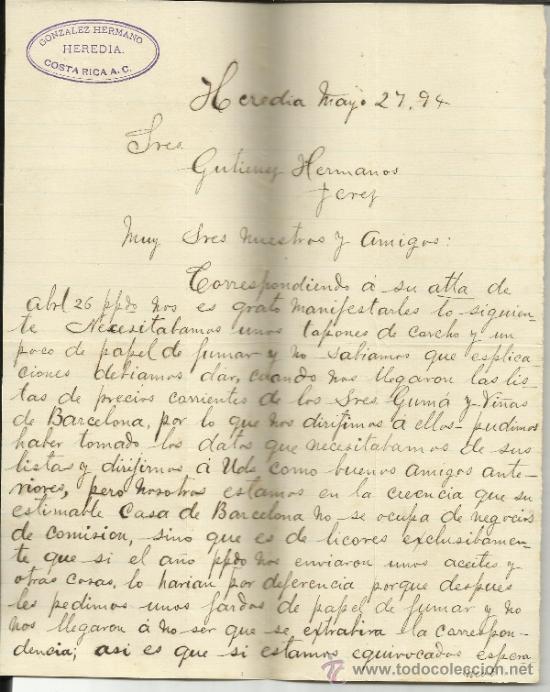 Commercial Letters: CARTA COMERCIAL DE GONZALO HERMANO. HEREDIA. COSTA RICA. 1894