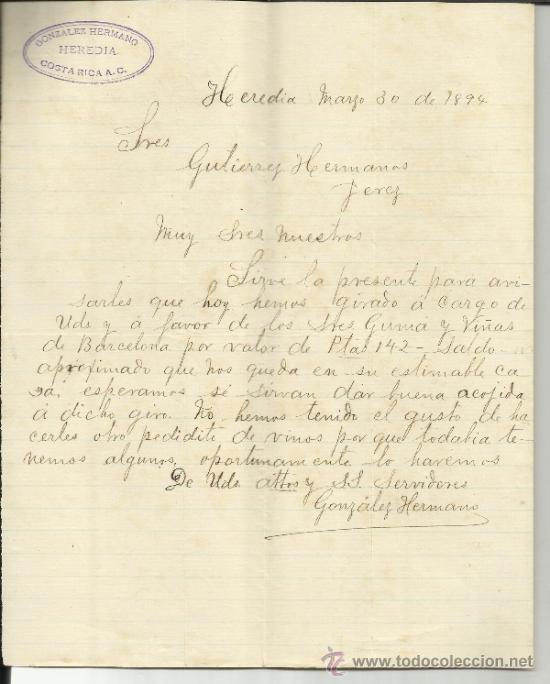 Commercial Letters: CARTA COMERCIAL DE GONZALO HERMANO. HEREDIA. COSTA RICA. 1894