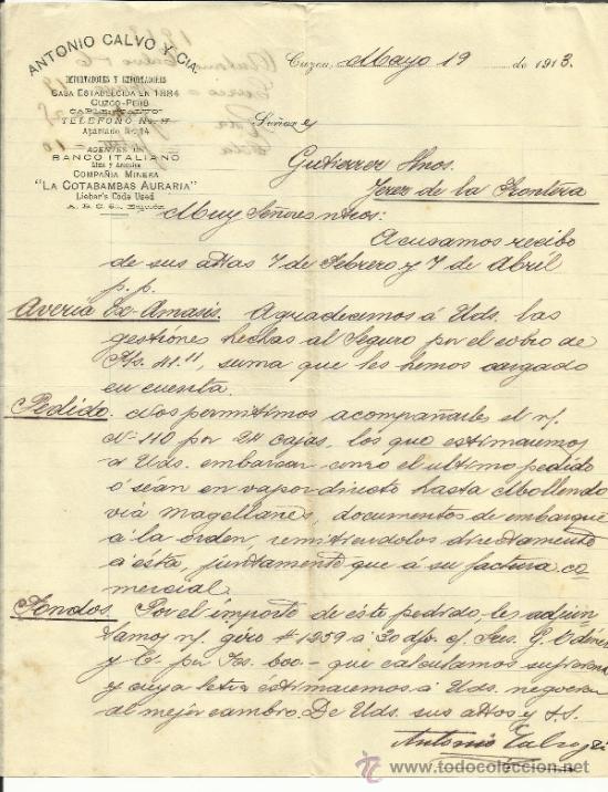 Commercial Letters: CARTA COMERCIAL DE ANTONIO CALVO Y CIA. IMPORTADORES Y EXPORTADORES. CUZCO. PER&Uacute;. 1913