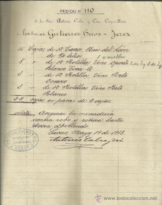 Commercial Letters: CARTA PEDIDO DE ANTONIO CALVO Y CIA. IMPORTADORES Y EXPORTADORES. CUZCO. PER&Uacute;. 1913