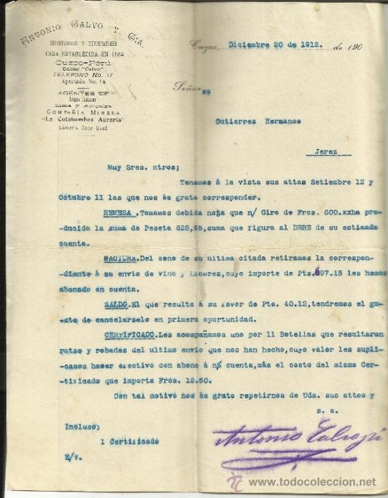 Commercial Letters: CARTA COMMERCIAL DE ANTONIO CALVO Y CIA. IMPORTADORES Y EXPORTADORES. CUZCO. PER&Uacute;. 1912