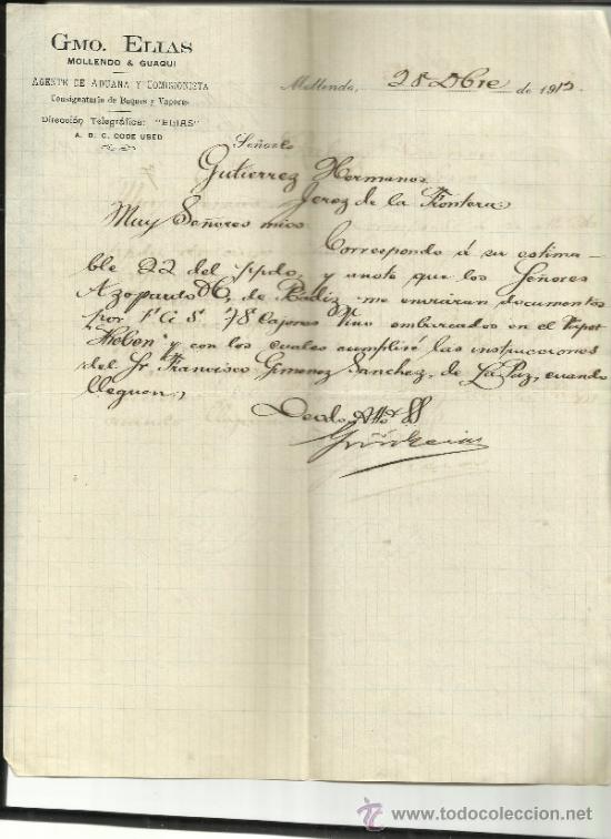 Commercial Letters: CARTA COMERCIAL DE GMO. ELIAS. AGENTE DE ADUANAS Y COMISIONISTAS. MOLLENDO. PER&Uacute;. 1912