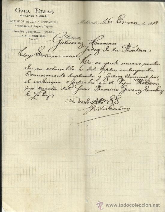 Commercial Letters: CARTA COMERCIAL DE GMO. ELIAS. AGENTE DE ADUANAS Y COMISIONISTAS. MOLLENDO. PER&Uacute;. 1913