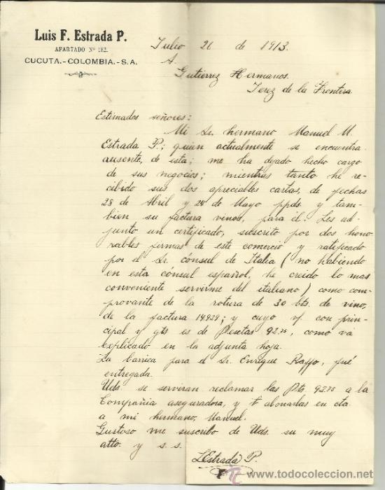 Commercial Letters: CARTA COMERCIAL DE LUIS F. ESTRADA P. CUCUTA. COLOMBIA. 1913