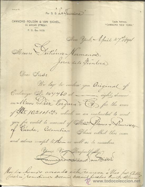 Cartas comerciales: CARTA COMERCIAL DE CAMACHO ROLD&Aacute;N & VAN SICKEL. NEW YORK. EEUU. 1894