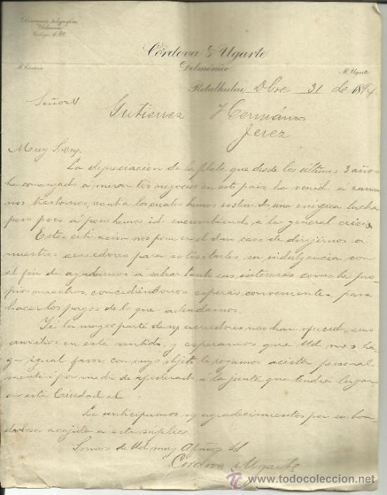 Commercial Letters: CARTA COMERCIAL DE C&Oacute;RDOVA & UGARTE. DELM&Oacute;NICO. RETALHULEU. GUATEMALA. 1894