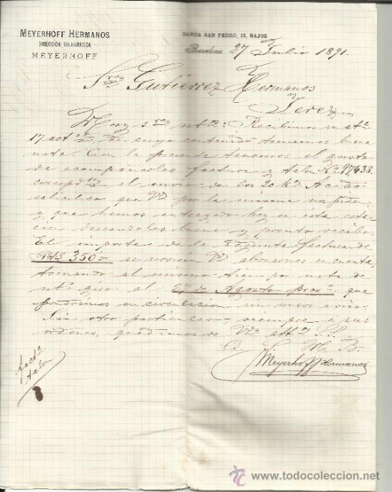 Commercial Letters: CARTA COMERCIAL DE MEYERHOFF HERMANOS. BARCELONA. 1891