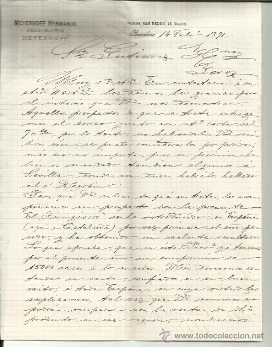 Commercial Letters: CARTA COMERCIAL DE MEYERHOFF HERMANOS. BARCELONA. 1891