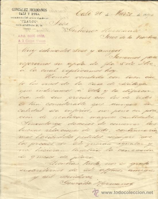 Commercial Letters: CARTA COMERCIAL DE GONZ&Aacute;LEZ HERMANOS. CALI. COLOMBIA. 1894