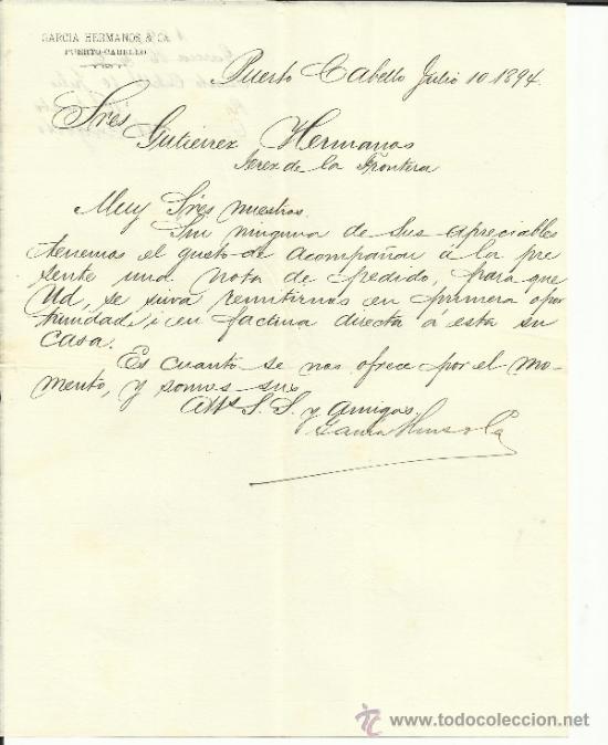 Commercial Letters: CARTA COMERCIAL DE GARC&Iacute;A HERMANOS & C&ordf;. PUERTO-CABELLO. VENEZUELA. 1894