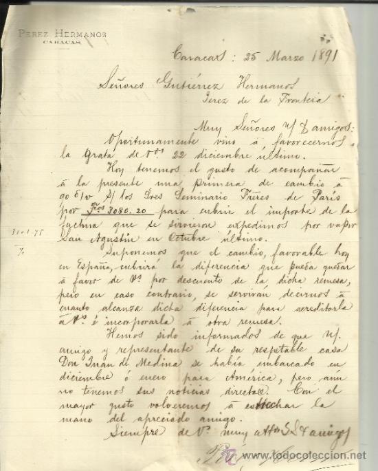 Commercial Letters: CARTA COMERCIAL DE P&Eacute;REZ HERMANOS. CARACAS. VENEZUELA. 1891