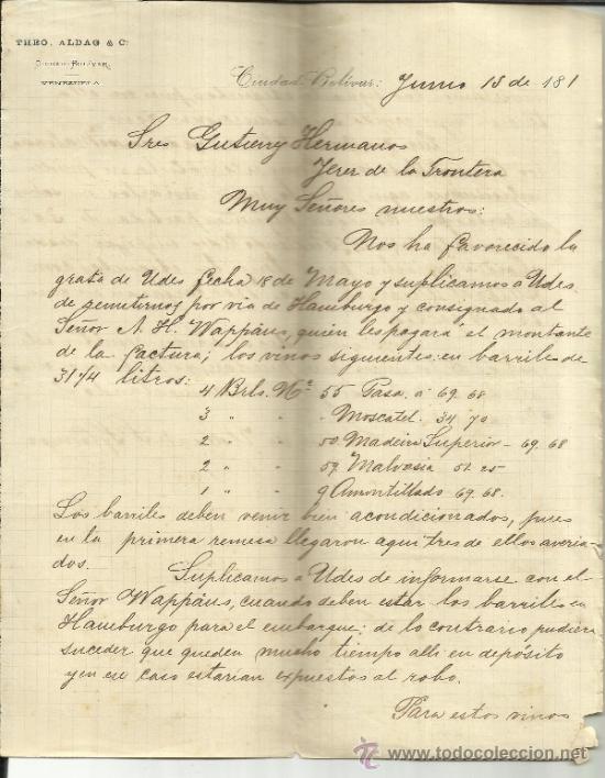 Commercial Letters: CARTA COMERCIAL DE THEO ALDAG & C&ordf;. CIUDAD BOLIVAR. VENEZUELA. 1891