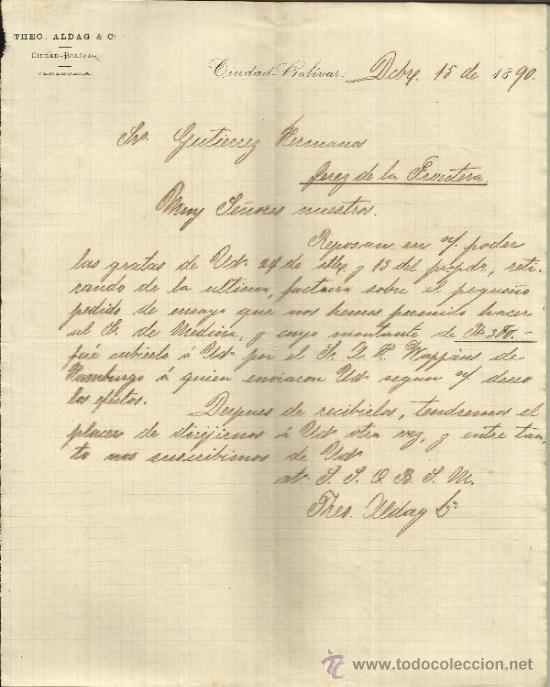 Commercial Letters: CARTA COMERCIAL DE THEO ALDAG & C&ordf;. CIUDAD BOLIVAR. VENEZUELA. 1890