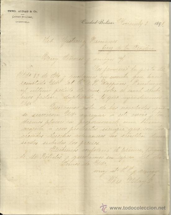 Commercial Letters: CARTA COMERCIAL DE THEO ALDAG & C&ordf;. CIUDAD BOLIVAR. VENEZUELA. 1891