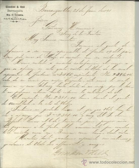 Commercial Letters: CARTA COMERCIAL DE GIESKEN & HELD. BARRANQUILLA. COLOMBIA. 1891