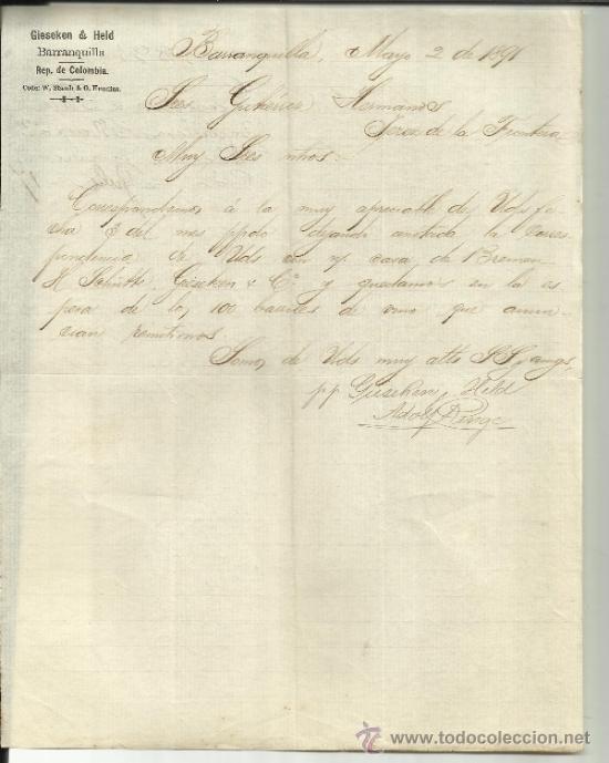 Commercial Letters: CARTA COMERCIAL DE GIESKEN & HELD. BARRANQUILLA. COLOMBIA. 1891
