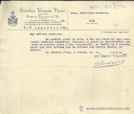 Commercial Letters: CARTA COMERCIAL DE SANCHEZ ROMATE HERMANOS. BODEGAS DEL DUQUE DE ALMODOVAR DEL R&Iacute;O.JEREZ.C&Aacute;DIZ. 1932