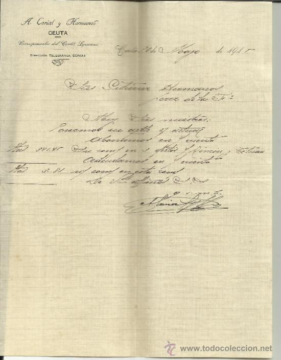Commercial Letters: CARTA COMERCIAL DE A. CORIAT Y HERMANOS. CORRESPONSALES DEL CREDIT LYONNAIS. CEUTA. 1915