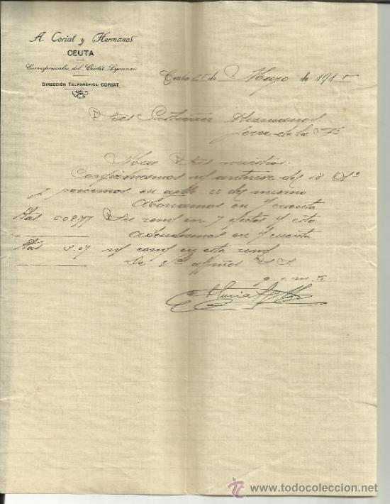 Commercial Letters: CARTA COMERCIAL DE A. CORIAT Y HERMANOS. CORRESPONSALES DEL CREDIT LYONNAIS. CEUTA. 1915