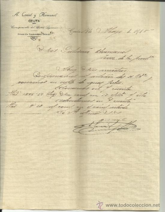 Commercial Letters: CARTA COMERCIAL DE A. CORIAT Y HERMANOS. CORRESPONSALES DEL CREDIT LYONNAIS. CEUTA. 1915