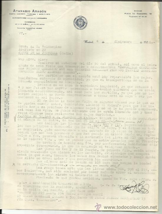 Commercial Letters: CARTA COMERCIAL DE ATANASIO ARAG&Oacute;N. AGENTE COMERCIAL COLEGIADO Y MATRICULADO. MADRID. 1956