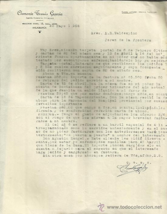 Commercial Letters: CARTA COMERCIAL DE CLEMENTE TOM&Aacute;S GARC&Iacute;A. AGENTE COMERCIAL. SALAMANCA. 1956