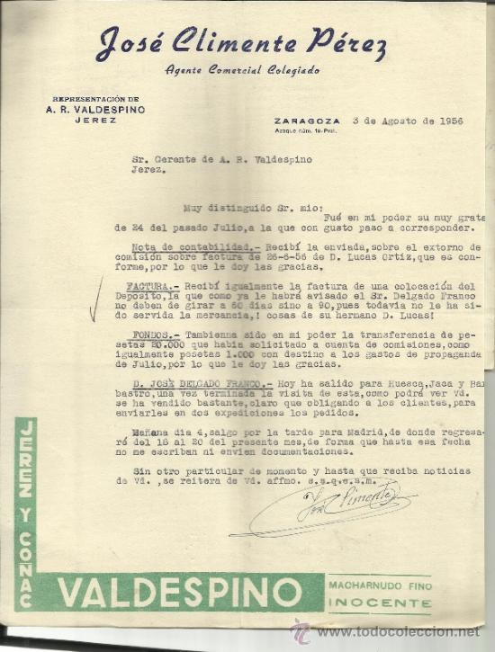 Commercial Letters: CARTA COMERCIAL DE JOS&Eacute; CLIMENTE P&Eacute;REZ. REPRESENTACION DE A.R. VALDESPINO. ZARAGOZA. 1956