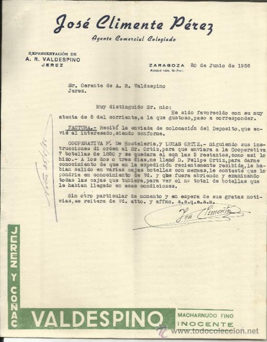Commercial Letters: CARTA COMERCIAL DE JOS&Eacute; CLIMENTE P&Eacute;REZ. REPRESENTACION DE A.R. VALDESPINO. ZARAGOZA. 1956