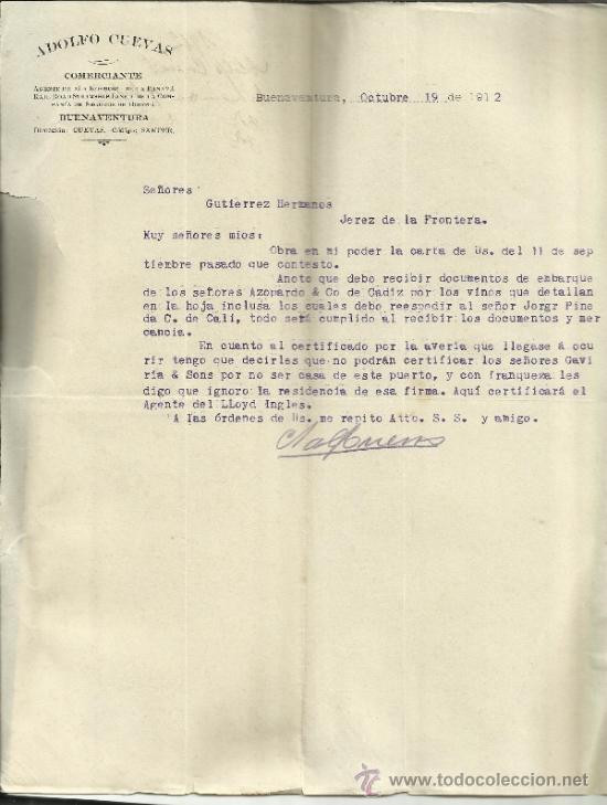 Commercial Letters: CARTA COMERCIAL DE ADOLFO CUEVAS. AGENTE DE &rdquo;LA KOSMOS&rdquo;. BUENAVENTURA. COLOMBIA. 1912