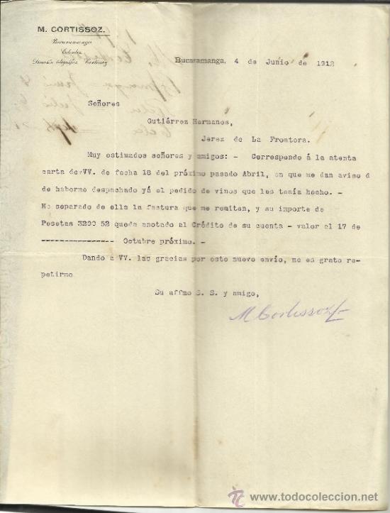 Commercial Letters: CARTA COMERCIAL DE M. CORTISSOZ. BUCARAMANGA. COLOMBIA. 1912