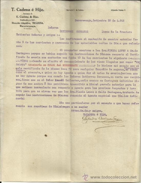 Commercial Letters: CARTA COMERCIAL DE T. CADENA E HIJO. SUCESORES DE E. CADENA & HNO. BUCARAMANGA. COLOMBIA. 1912
