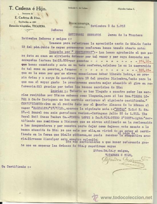 Commercial Letters: CARTA COMERCIAL DE T. CADENA E HIJO. SUCESORES DE E. CADENA & HNO. BUCARAMANGA. COLOMBIA. 1912