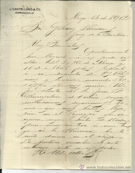Commercial Letters: CARTA COMERCIAL DE J. CASTELLANO & C&ordf;. BARRANQUILLA. COLOMBIA. 1912