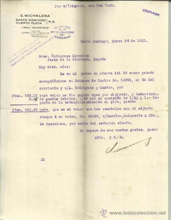 Commercial Letters: CARTA COMERCIAL DE S. MICHELENA. SANTO DOMINGO. REP&Uacute;BLICA DOMINICANA. 1913