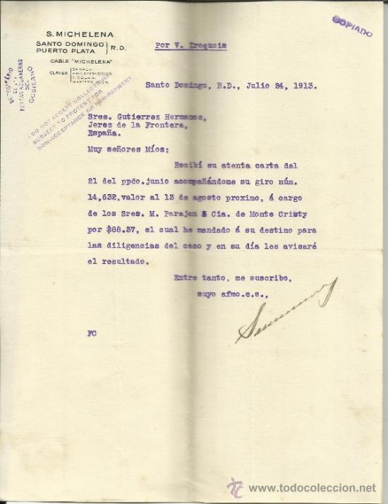 Commercial Letters: CARTA COMERCIAL DE S. MICHELENA. SANTO DOMINGO. REP&Uacute;BLICA DOMINICANA. 1913