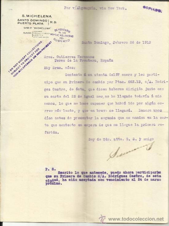 Commercial Letters: CARTA COMERCIAL DE S. MICHELENA. SANTO DOMINGO. REP&Uacute;BLICA DOMINICANA. 1913