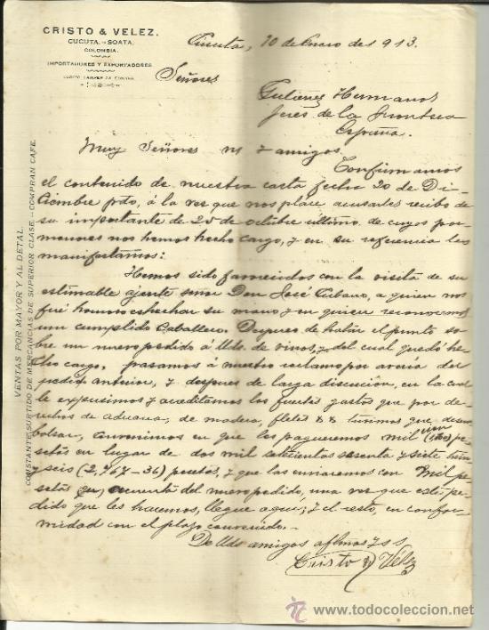 Commercial Letters: CARTA COMERCIAL DE CRISTO & VELEZ. IMPORTADORES Y EXPORTADORES. C&Uacute;CUTA. COLOMBIA. 1913
