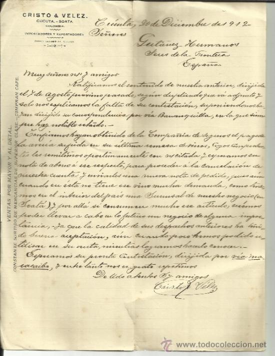 Commercial Letters: CARTA COMERCIAL DE CRISTO & VELEZ. IMPORTADORES Y EXPORTADORES. C&Uacute;CUTA. COLOMBIA. 1912