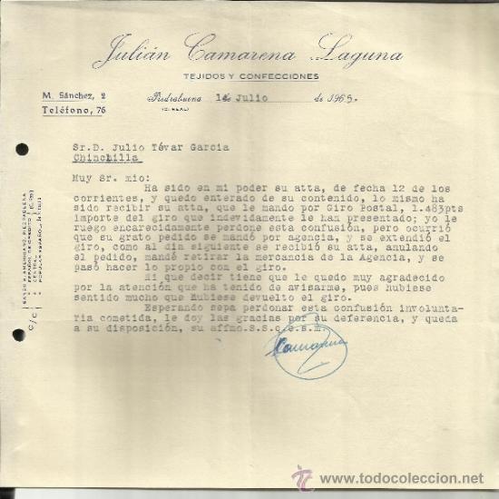 Commercial Letters: CARTA COMERCIAL DE JULI&Aacute;N CAMARENA LAGUNA. TEJIDOS Y CONFECCIONES. PIEDRABUENA. CIUDAD REAL. 1965